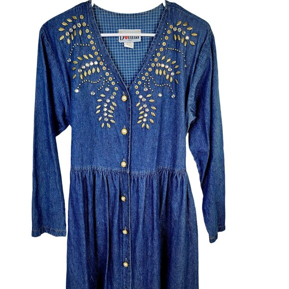 Vintage 90s Denim Midi Dress Women Medium Teacher Embellished Rhinestone 8 10 M - Picture 11 of 16